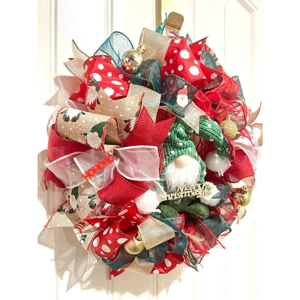 Handmade 13 inch Christmas Gnome Ribbon Wreath MW2